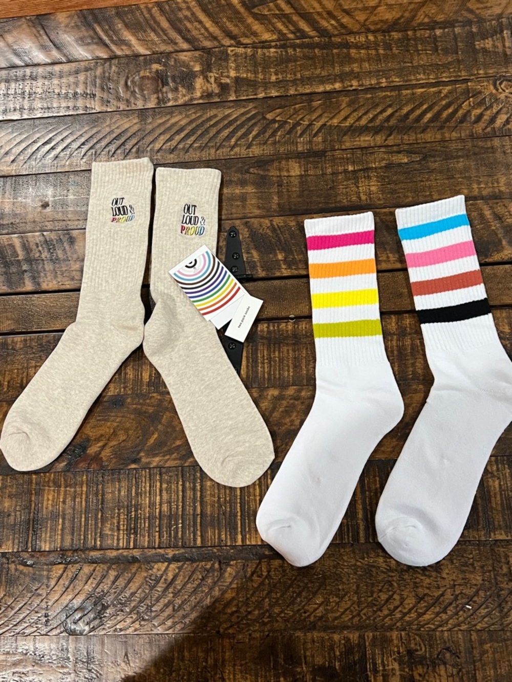 Pride OUT LOUD AND PROUD RAINBOW striped knee high socks
